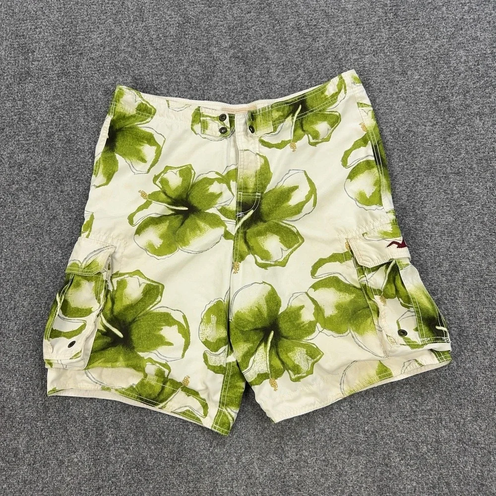 Hollister Board Shorts Mens XL Green Floral Hawaiian Swim Trunks Mesh Lined
